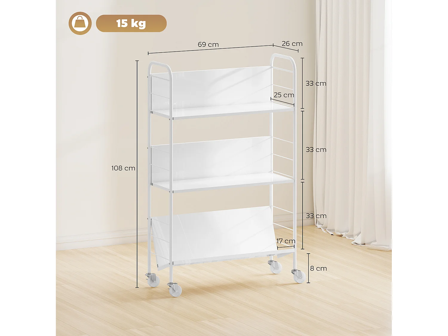 Carrello portalibri con ruote girevoli e 3 ripiani bianco