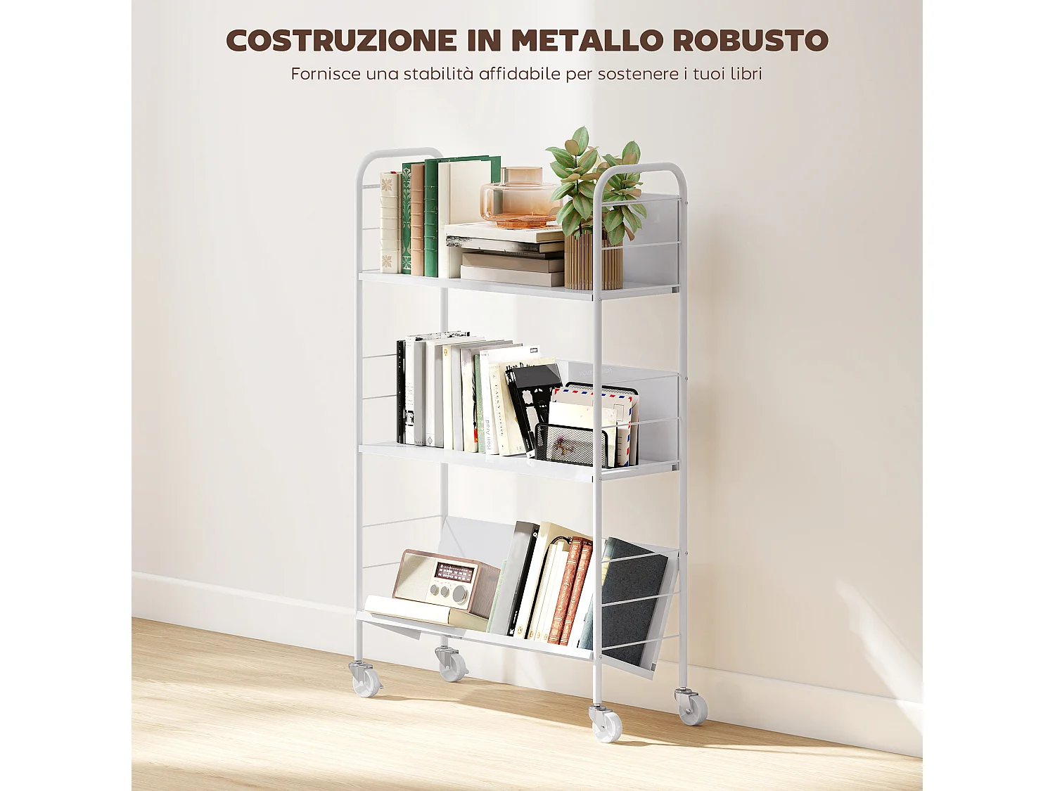 Carrello portalibri con ruote girevoli e 3 ripiani bianco