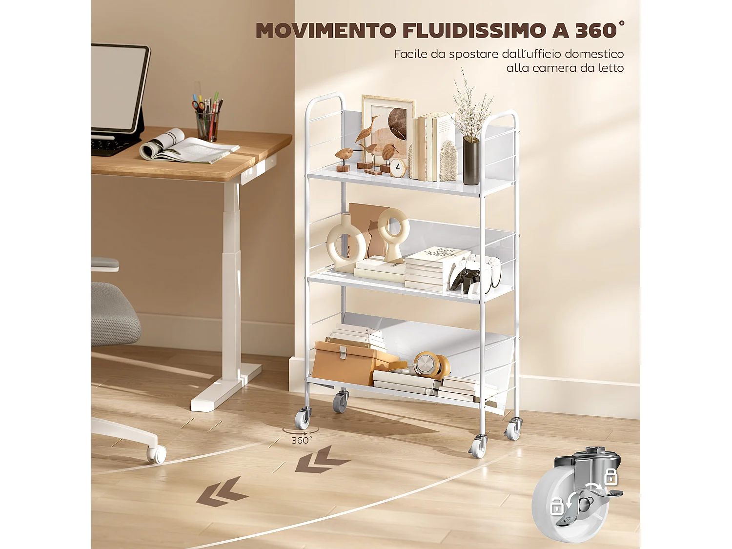 Carrello portalibri con ruote girevoli e 3 ripiani bianco