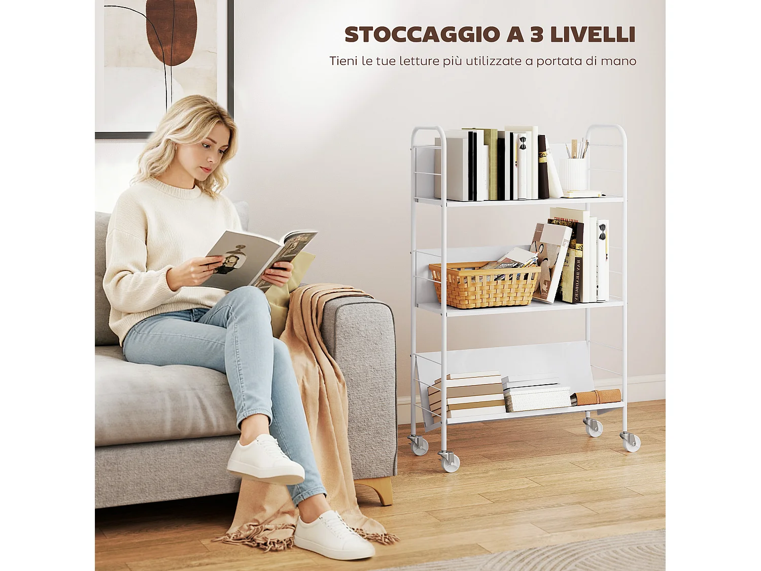 Carrello portalibri con ruote girevoli e 3 ripiani bianco