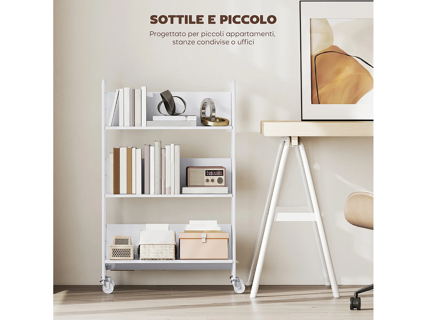 Carrello portalibri con ruote girevoli e 3 ripiani bianco