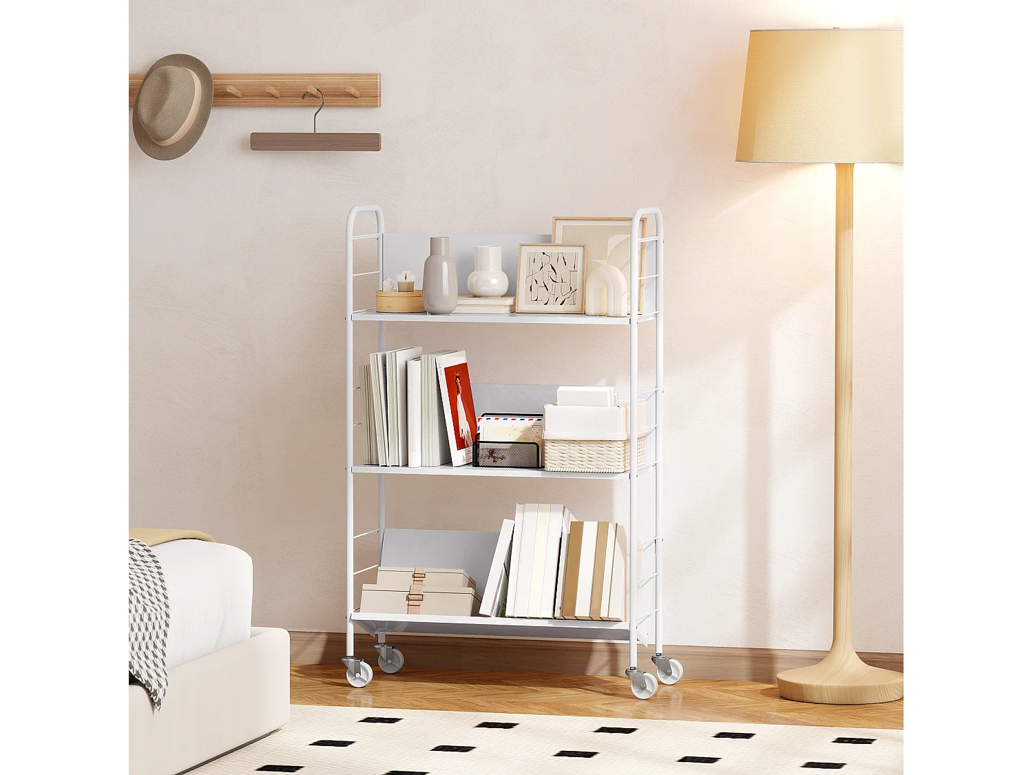 Carrello portalibri con ruote girevoli e 3 ripiani bianco