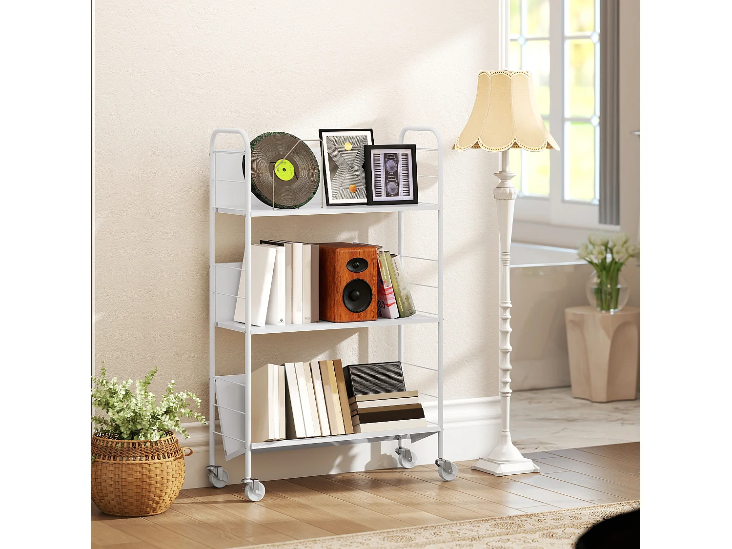 Carrello portalibri con ruote girevoli e 3 ripiani bianco