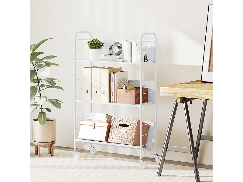 Carrello portalibri con ruote girevoli e 3 ripiani bianco