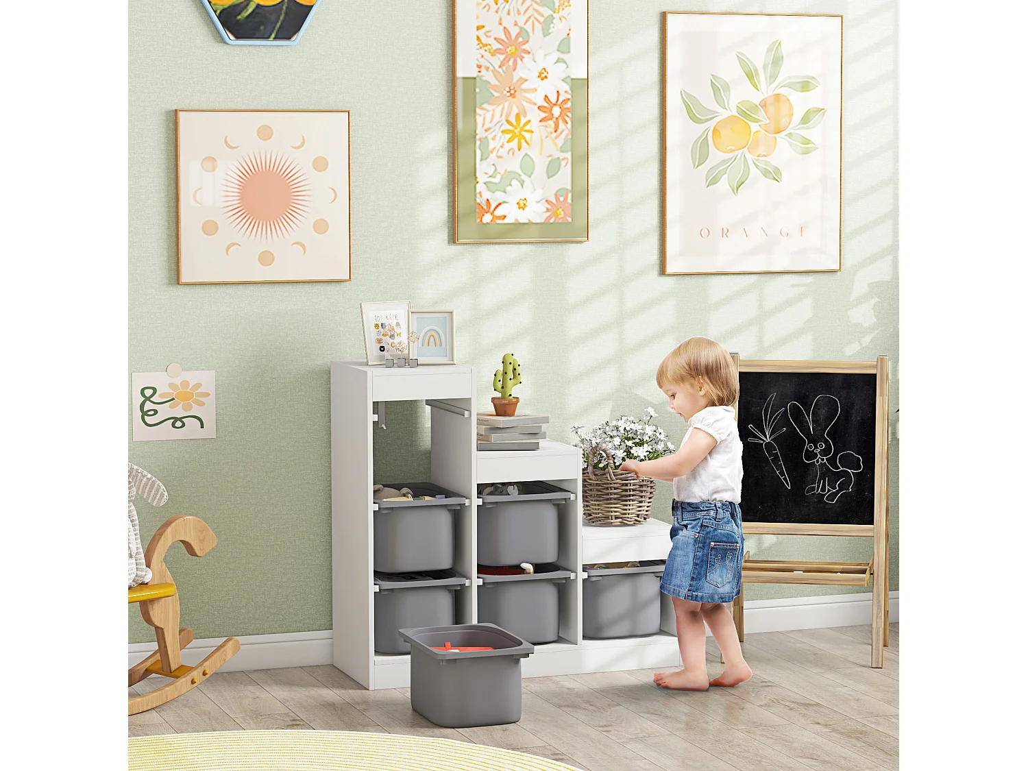 Scaffale portagiochi a 3 livelli con 6 contenitori età 3-8 anni grigio