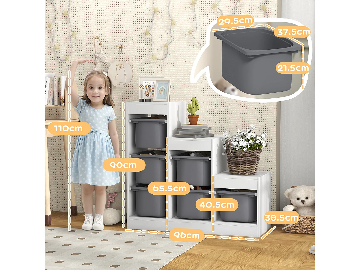 Scaffale portagiochi a 3 livelli con 6 contenitori età 3-8 anni grigio