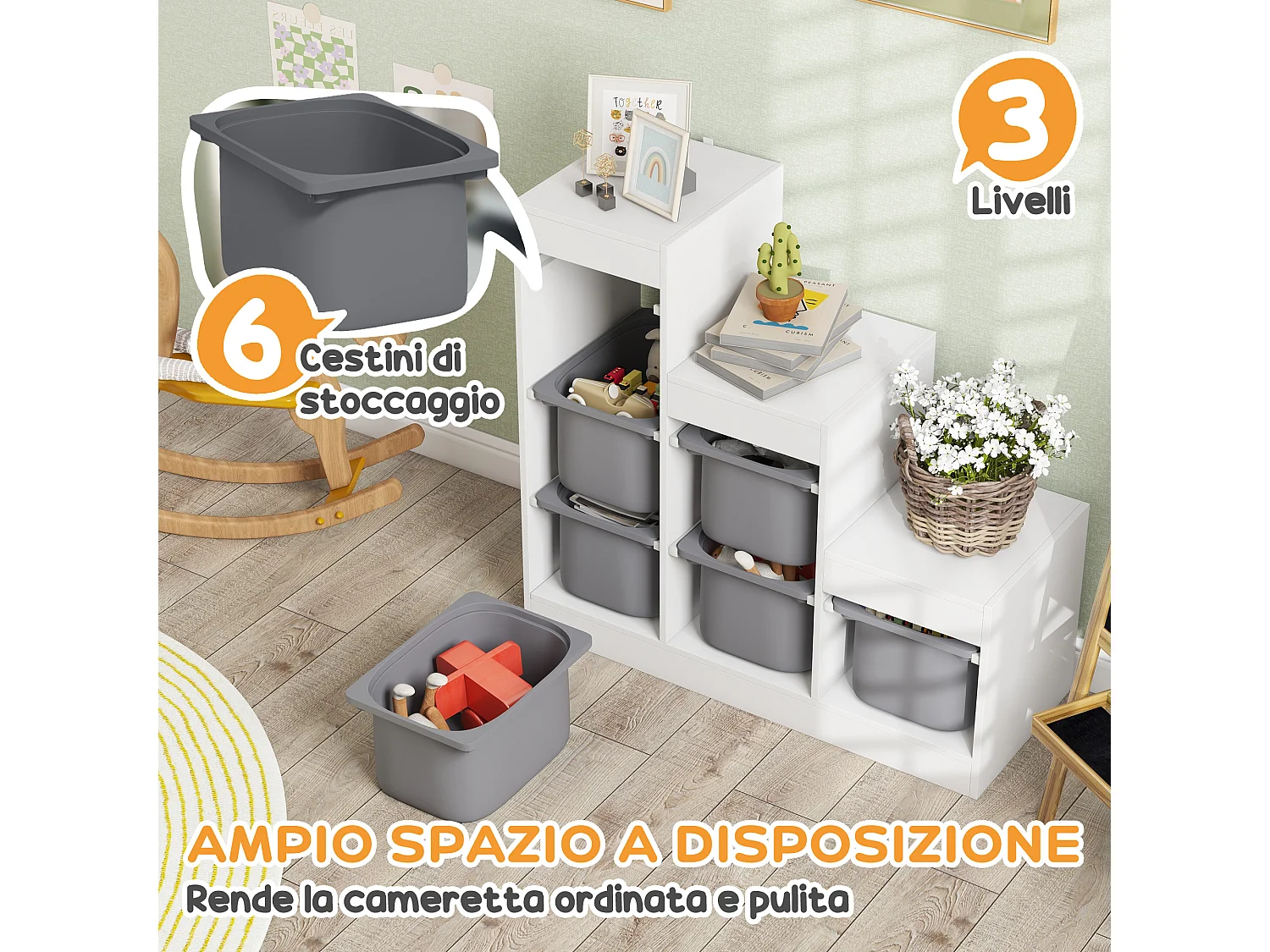 Scaffale portagiochi a 3 livelli con 6 contenitori età 3-8 anni grigio