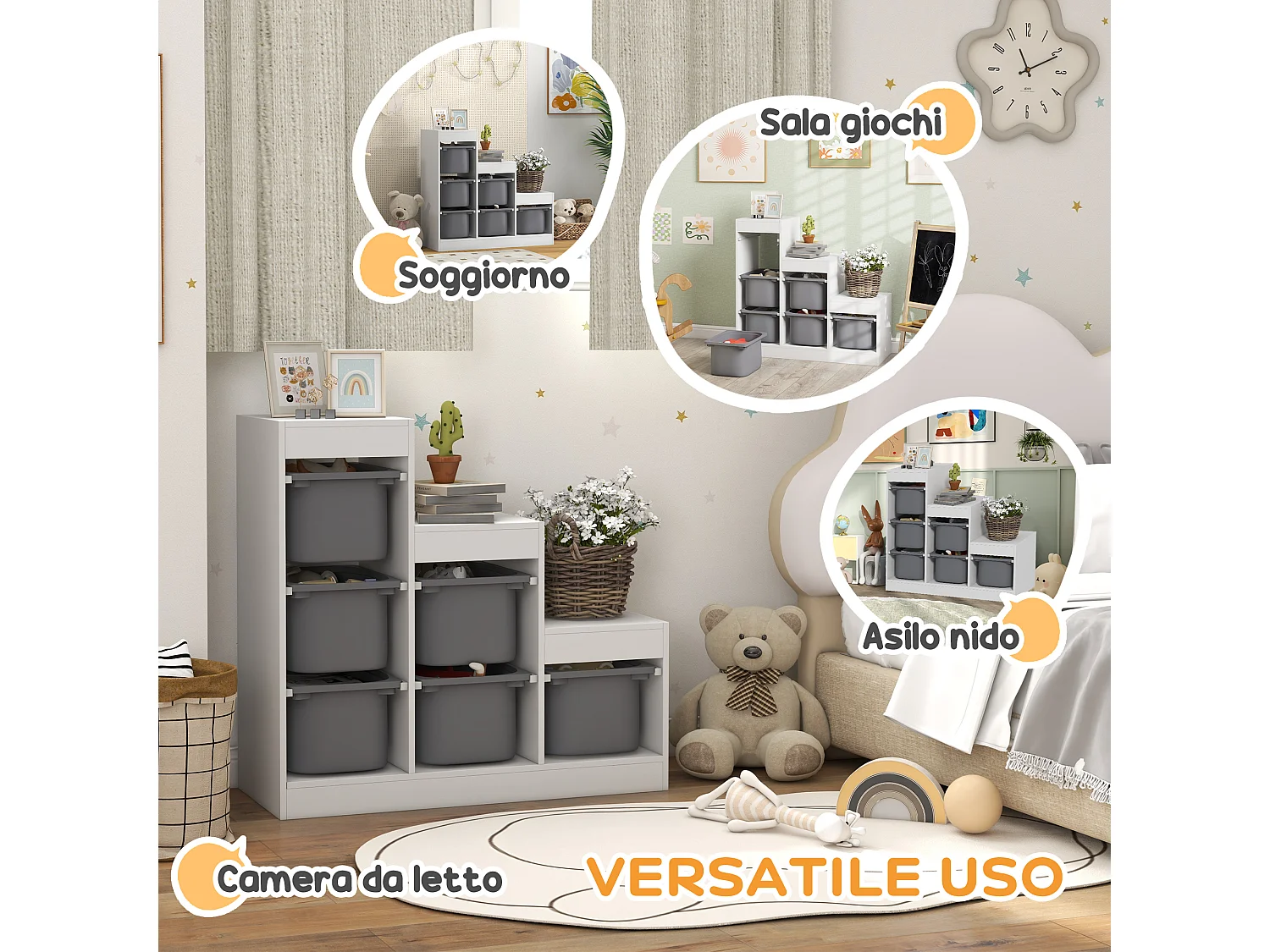 Scaffale portagiochi a 3 livelli con 6 contenitori età 3-8 anni grigio