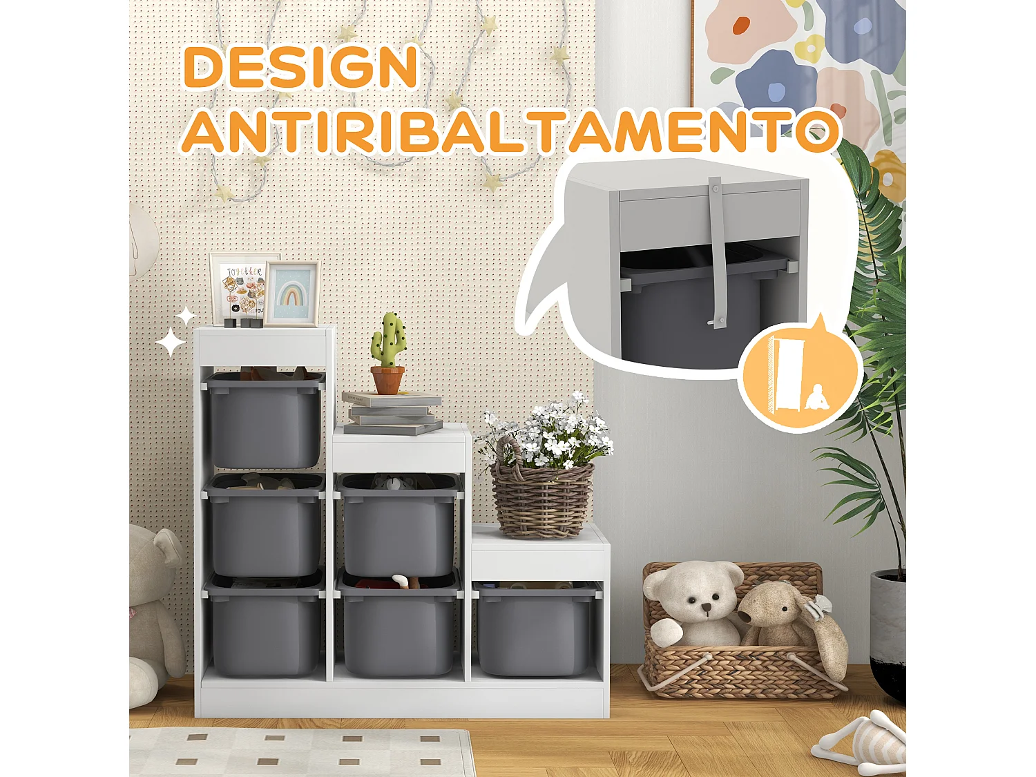 Scaffale portagiochi a 3 livelli con 6 contenitori età 3-8 anni grigio