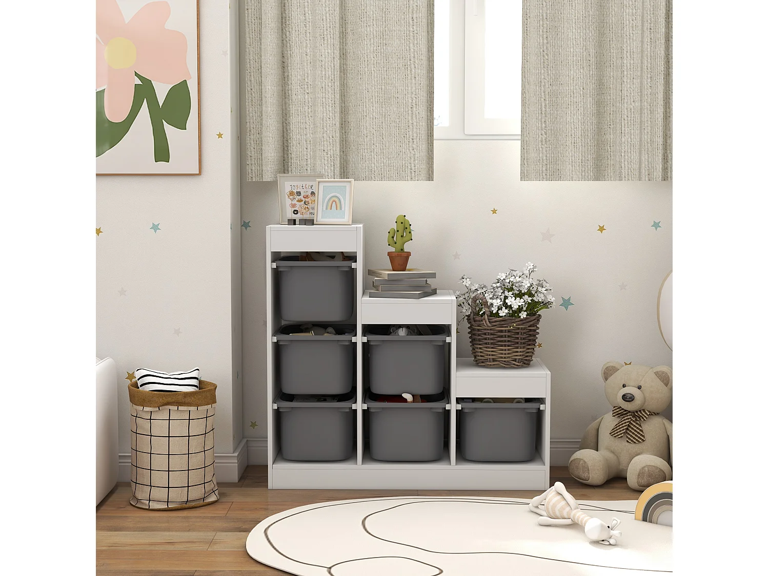 Scaffale portagiochi a 3 livelli con 6 contenitori età 3-8 anni grigio