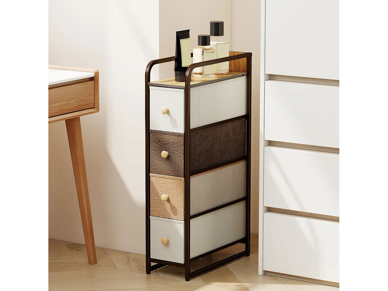 Cassettiera a 4 cassetti pieghevoli in tessuto acciaio e legno