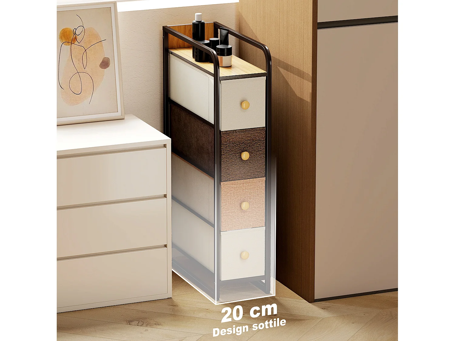 Cassettiera a 4 cassetti pieghevoli in tessuto acciaio e legno