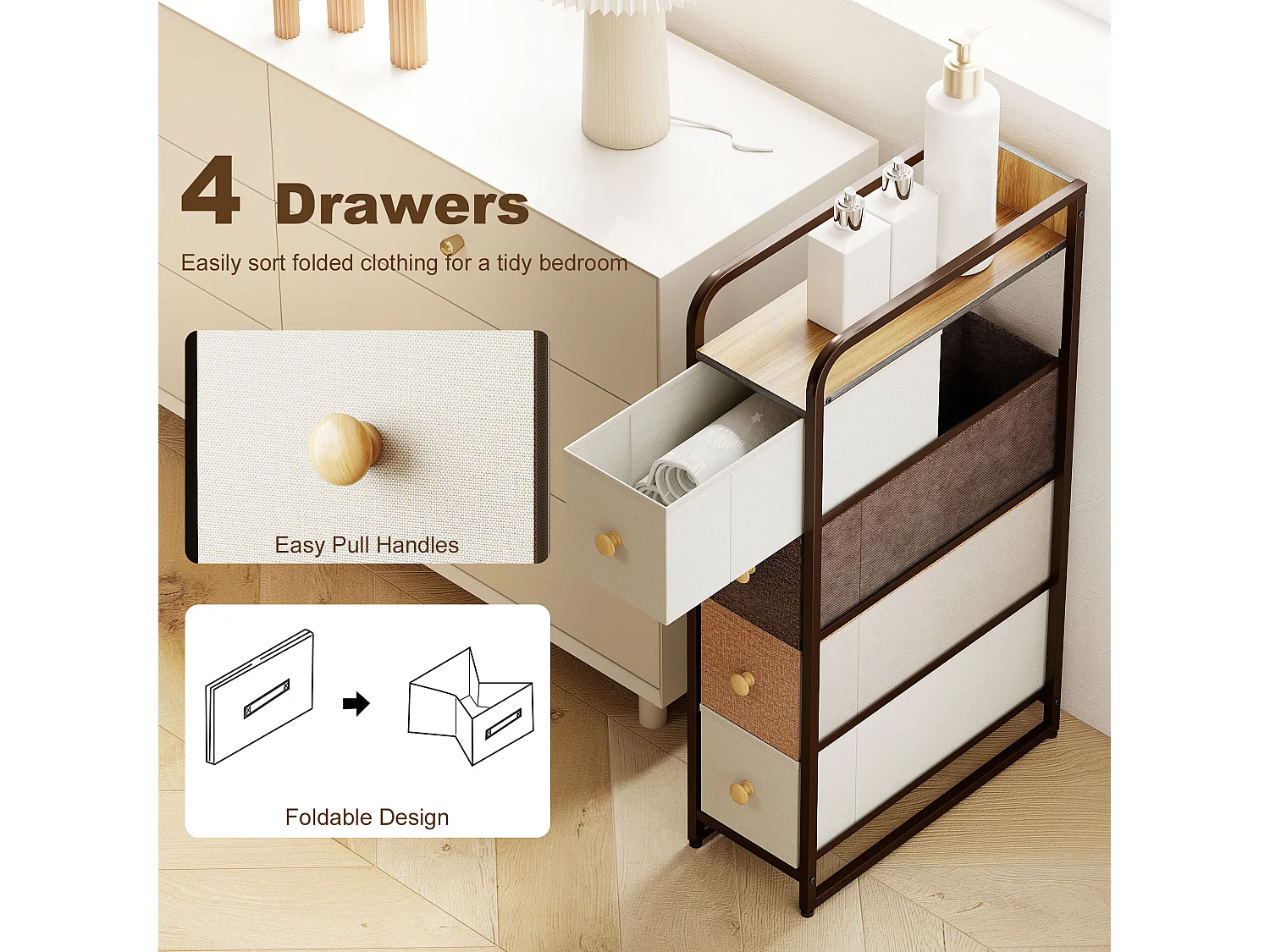 Cassettiera a 4 cassetti pieghevoli in tessuto acciaio e legno