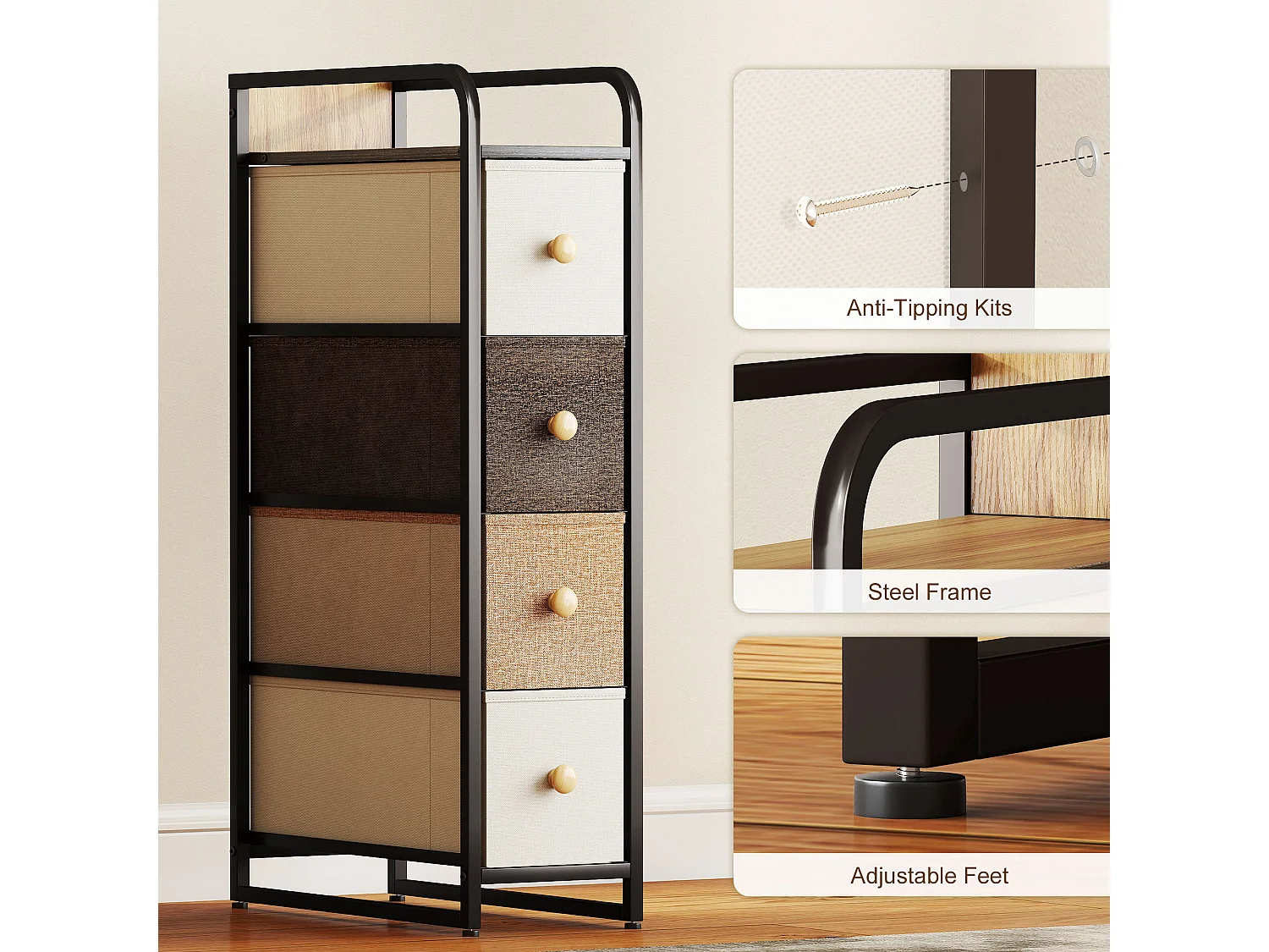 Cassettiera a 4 cassetti pieghevoli in tessuto acciaio e legno