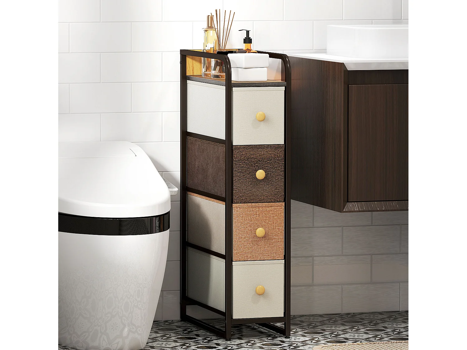 Cassettiera a 4 cassetti pieghevoli in tessuto acciaio e legno