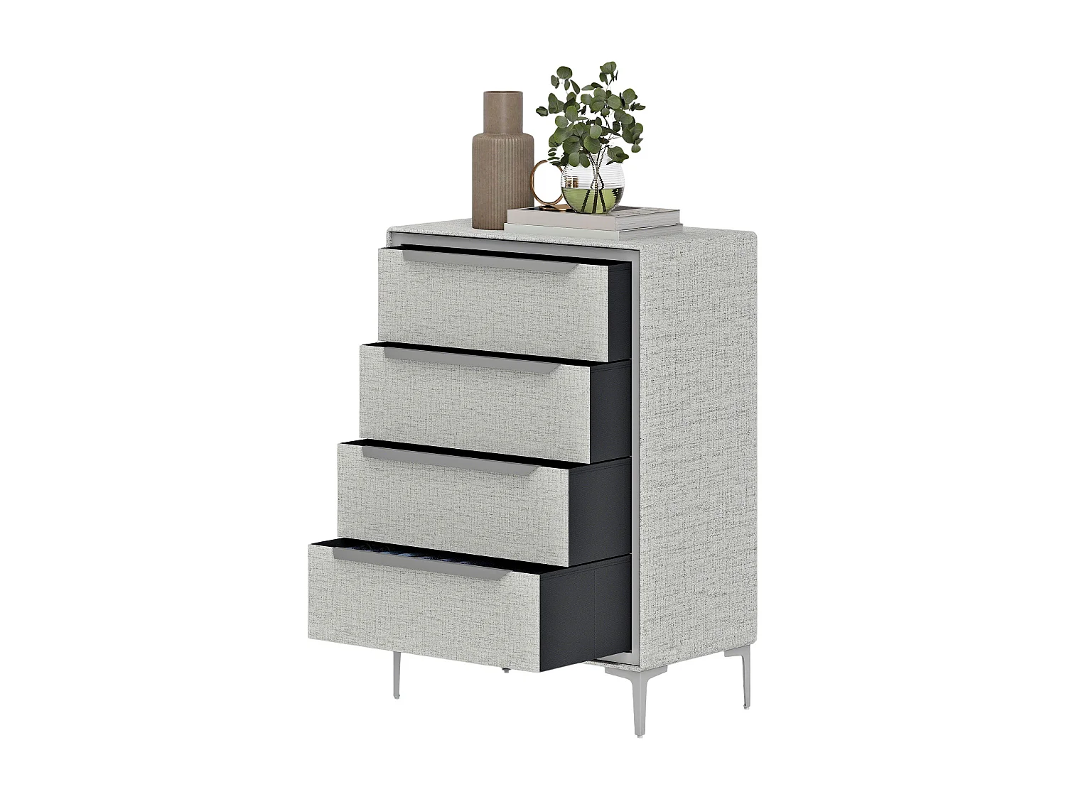 Cassettiera 4 cassetti rivestita in tessuto effetto lino grigio