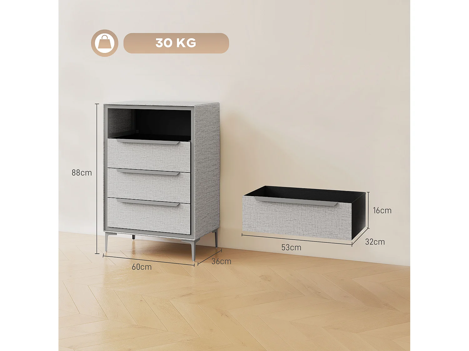 Cassettiera 4 cassetti rivestita in tessuto effetto lino grigio