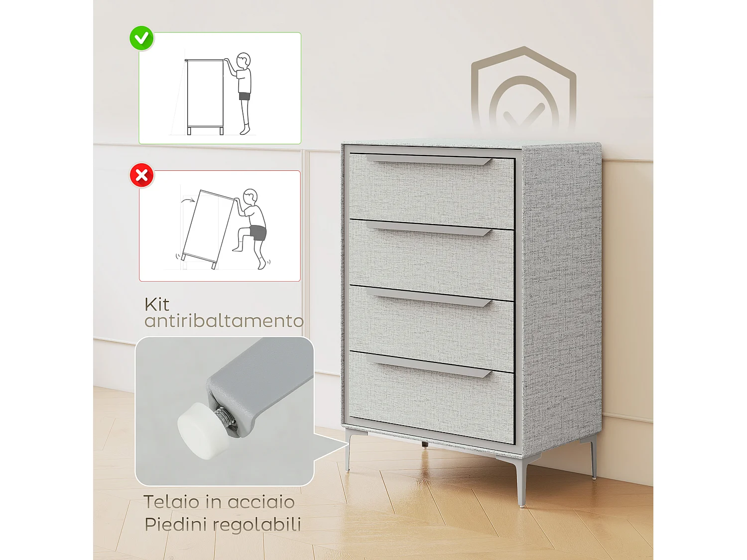 Cassettiera 4 cassetti rivestita in tessuto effetto lino grigio