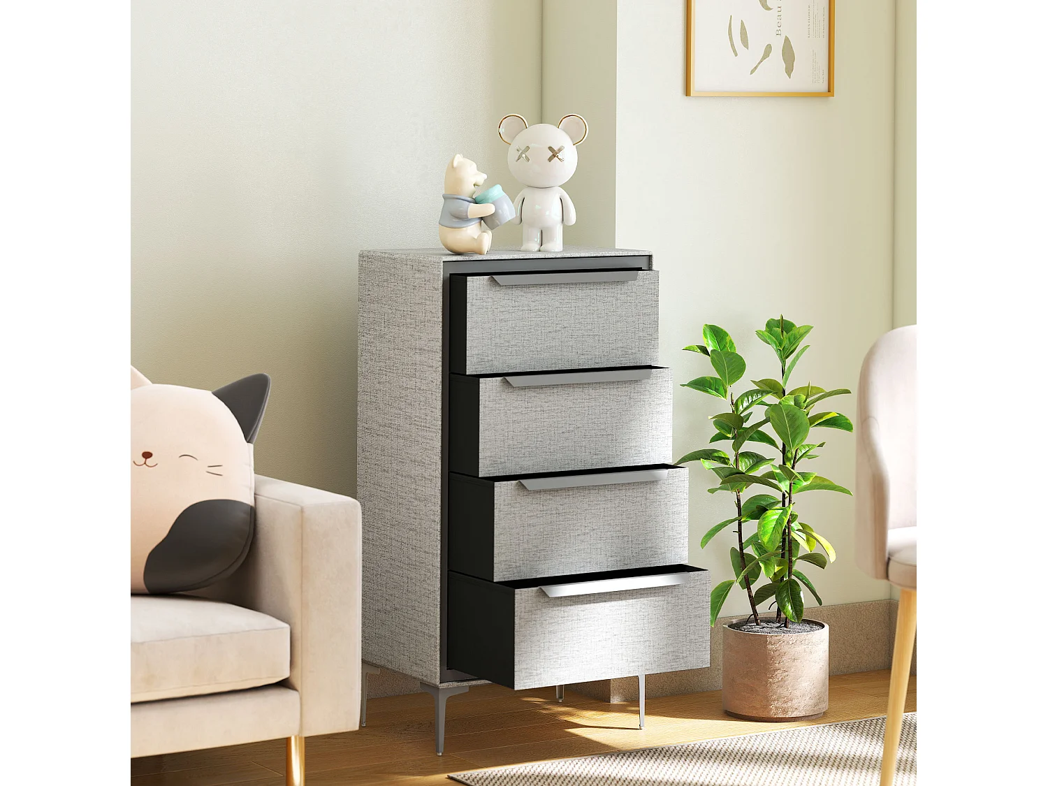 Cassettiera 4 cassetti rivestita in tessuto effetto lino grigio