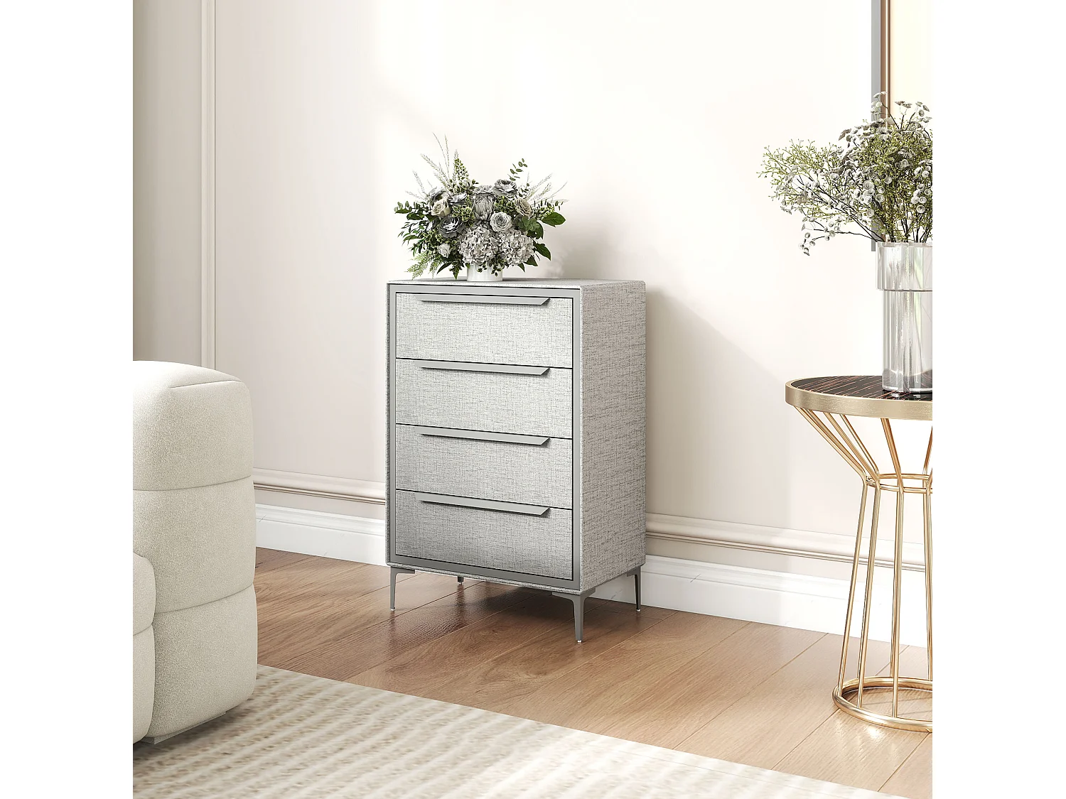 Cassettiera 4 cassetti rivestita in tessuto effetto lino grigio