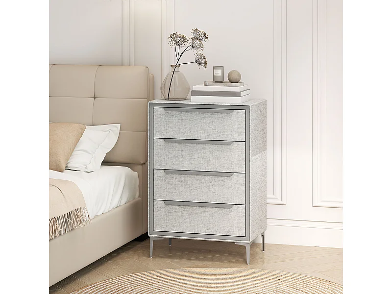Cassettiera 4 cassetti rivestita in tessuto effetto lino grigio