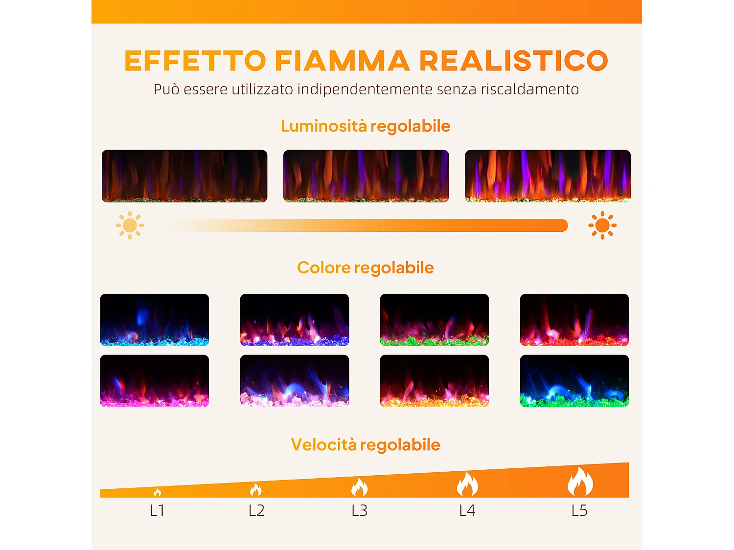 Camino elettrico da incasso o a parete con temperatura regolabile nero