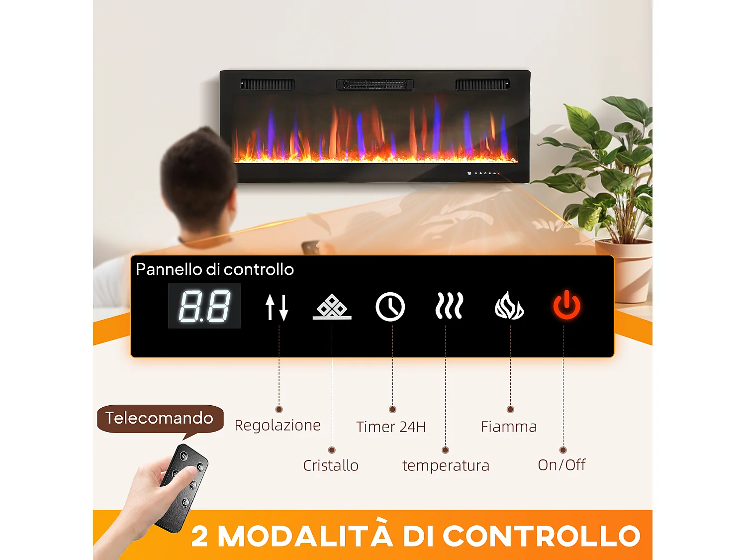 Camino elettrico da incasso o a parete con temperatura regolabile nero