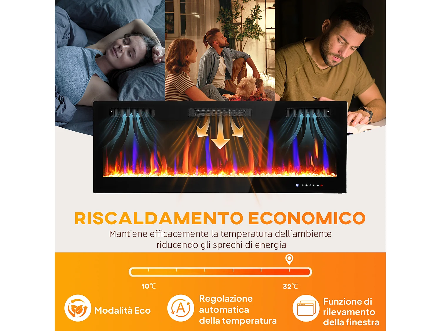 Camino elettrico da incasso o a parete con temperatura regolabile nero