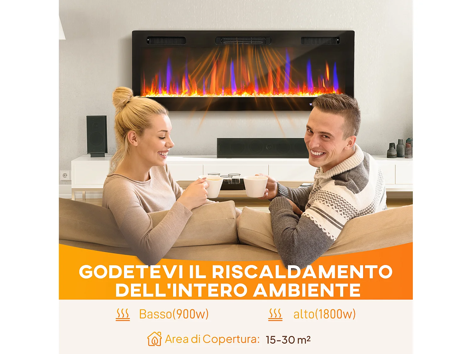 Camino elettrico da incasso o a parete con temperatura regolabile nero