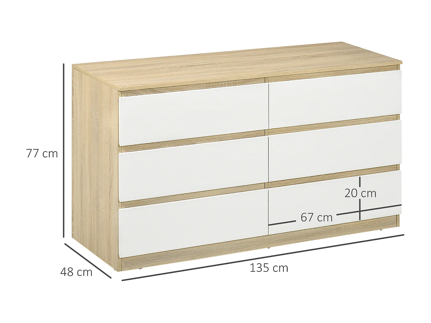 Cassettiera 6 cassetti in legno 135x48x77cm bianco e legno
