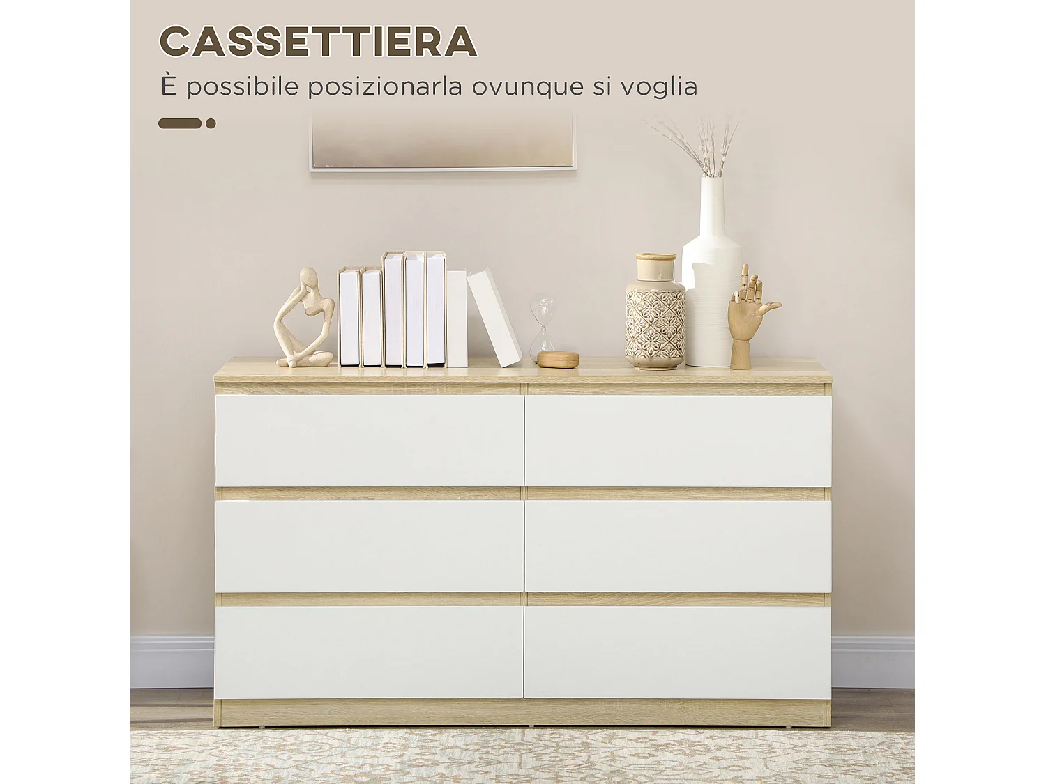 Cassettiera 6 cassetti in legno 135x48x77cm bianco e legno