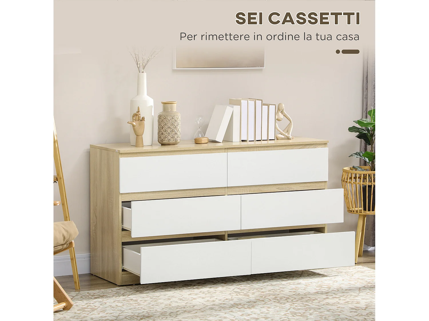 Cassettiera 6 cassetti in legno 135x48x77cm bianco e legno