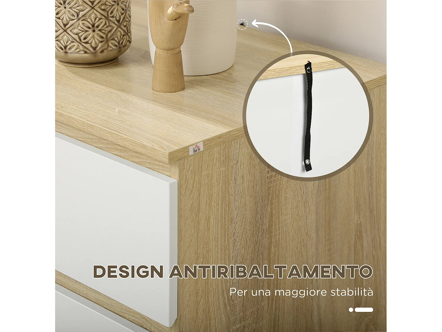 Cassettiera 6 cassetti in legno 135x48x77cm bianco e legno