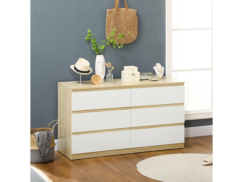 Cassettiera 6 cassetti in legno 135x48x77cm bianco e legno