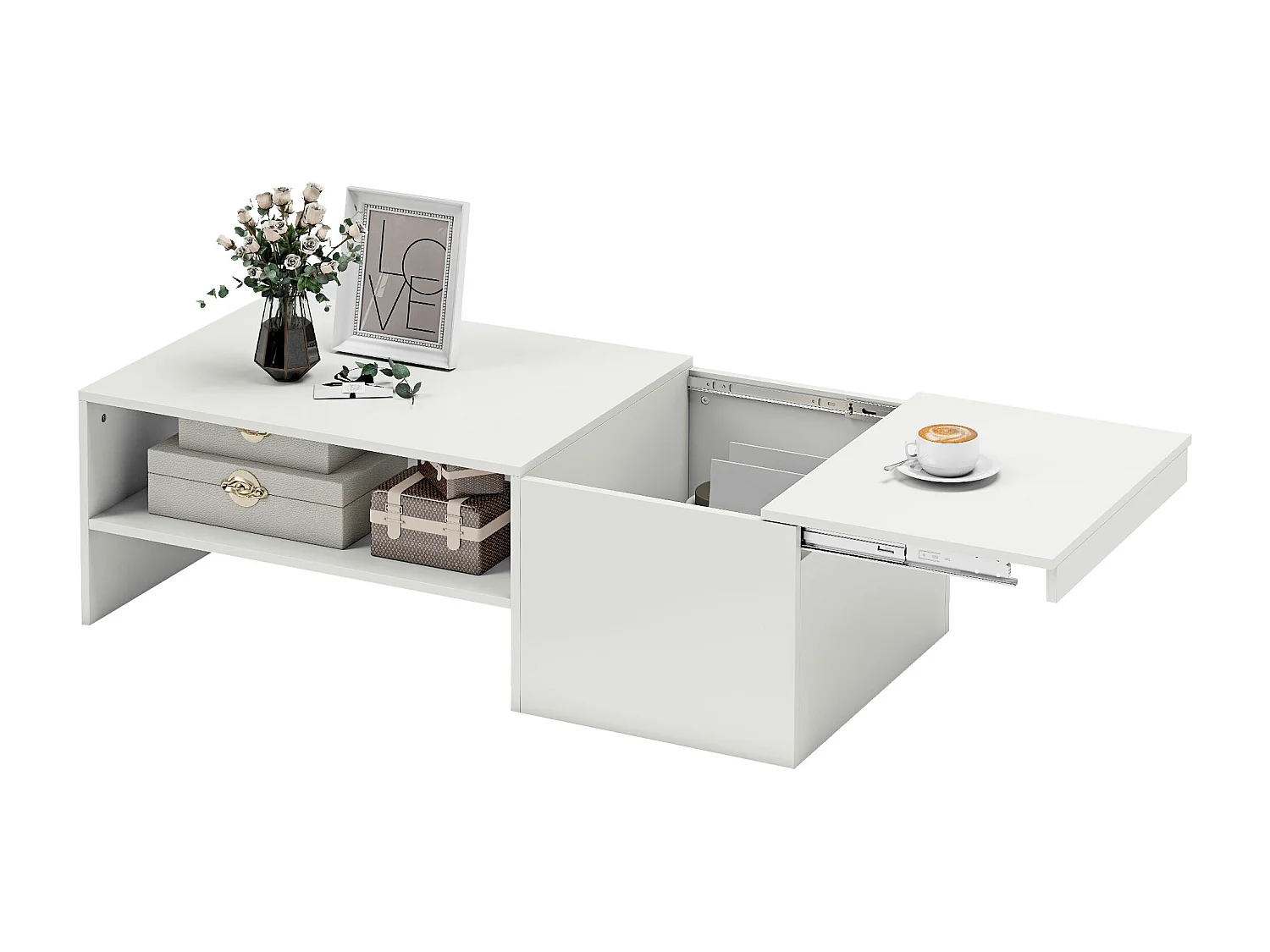 Tavolino da caffè con piano scorrevole e spazio portaoggetti bianco