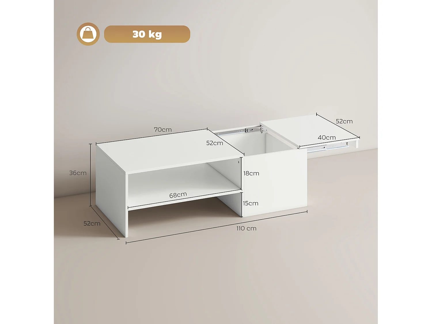 Tavolino da caffè con piano scorrevole e spazio portaoggetti bianco