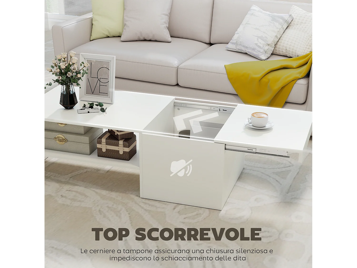 Tavolino da caffè con piano scorrevole e spazio portaoggetti bianco
