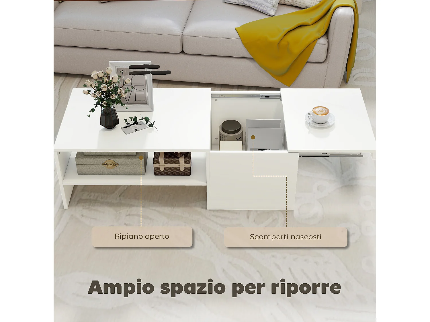 Tavolino da caffè con piano scorrevole e spazio portaoggetti bianco