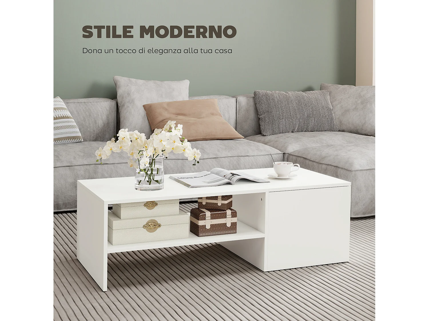 Tavolino da caffè con piano scorrevole e spazio portaoggetti bianco