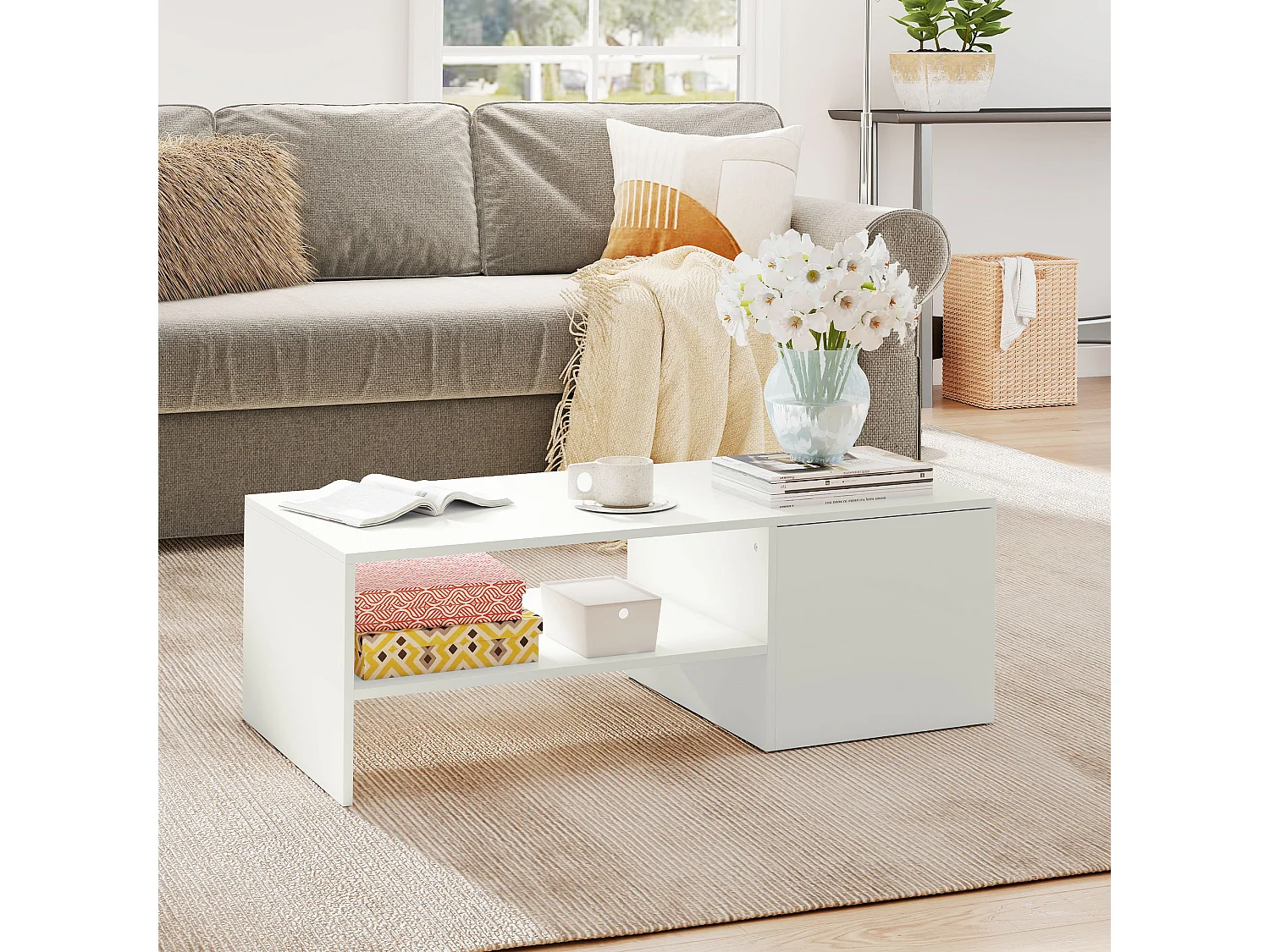 Tavolino da caffè con piano scorrevole e spazio portaoggetti bianco