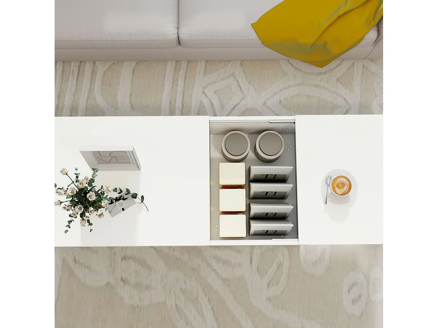 Tavolino da caffè con piano scorrevole e spazio portaoggetti bianco