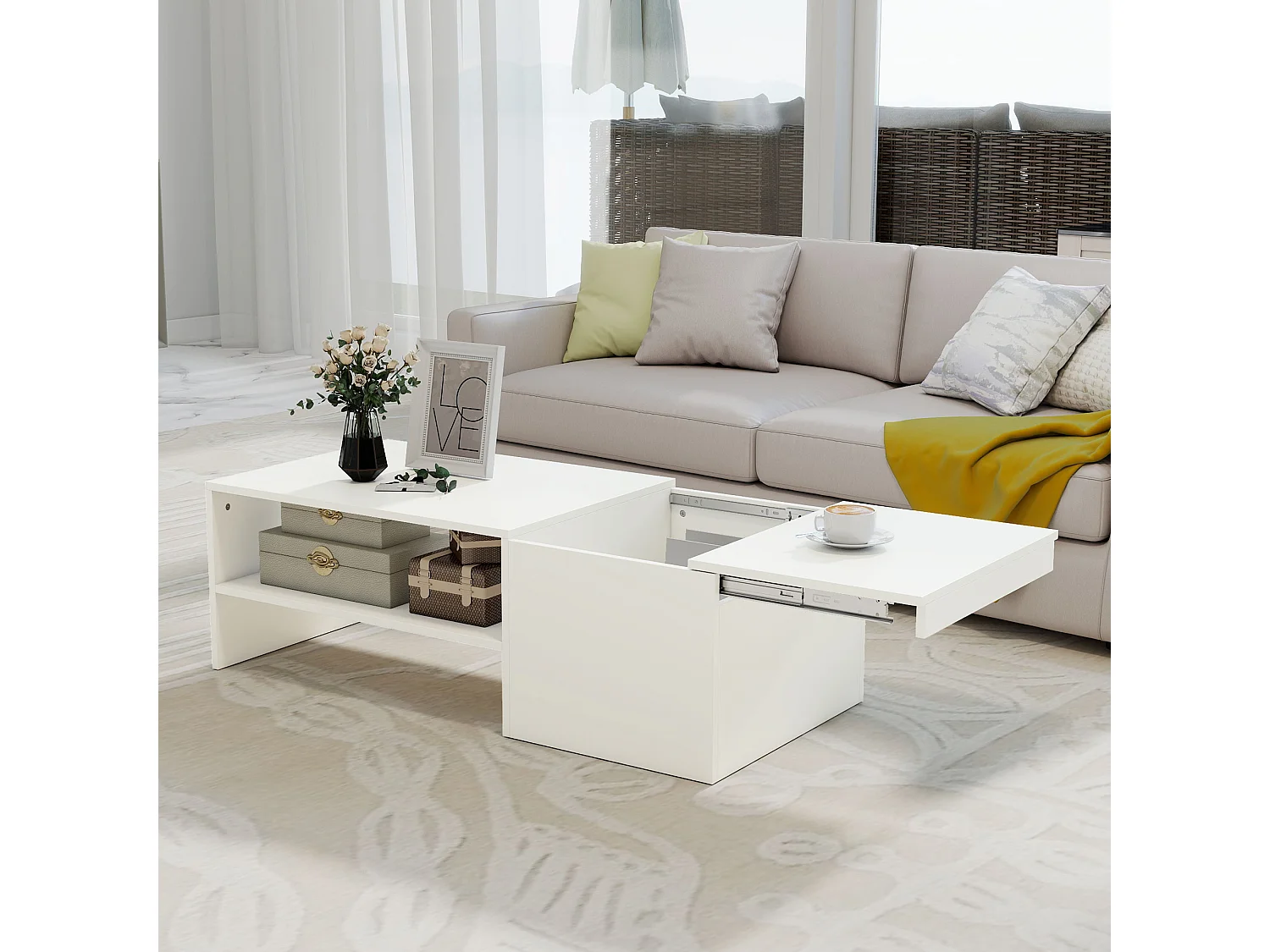 Tavolino da caffè con piano scorrevole e spazio portaoggetti bianco