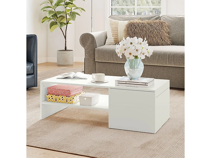 Tavolino da caffè con piano scorrevole e spazio portaoggetti bianco