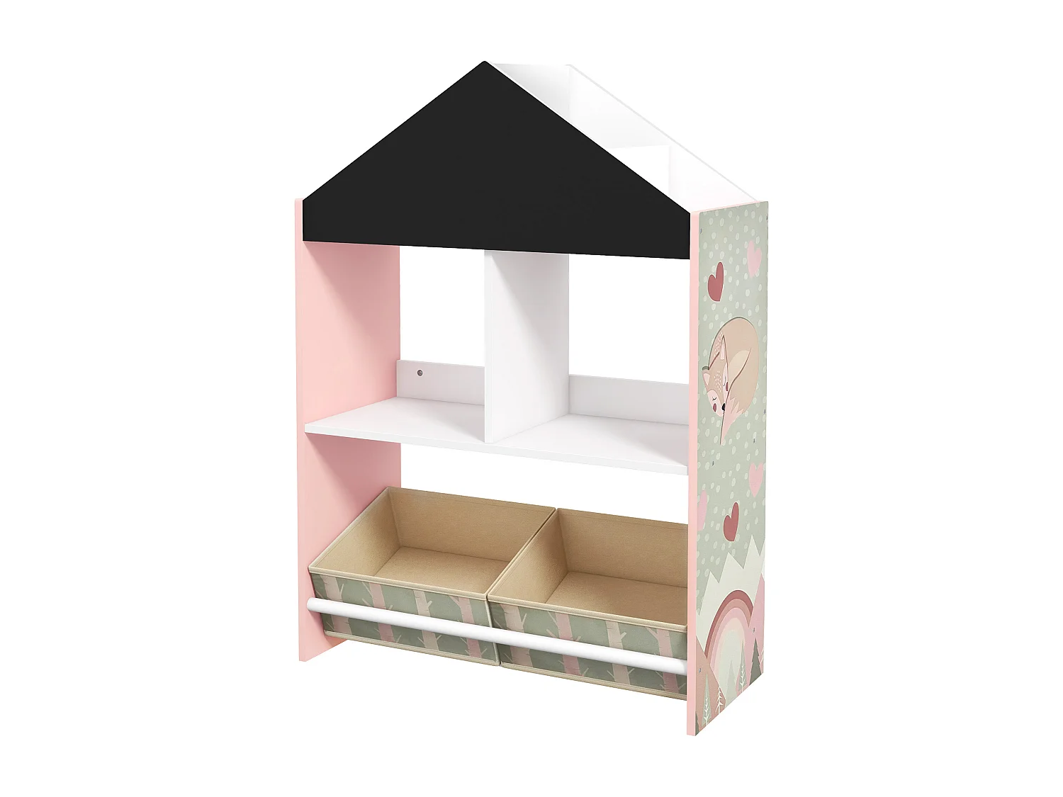 Scaffale portagiochi per bambini con ripiani e cassetti rosa
