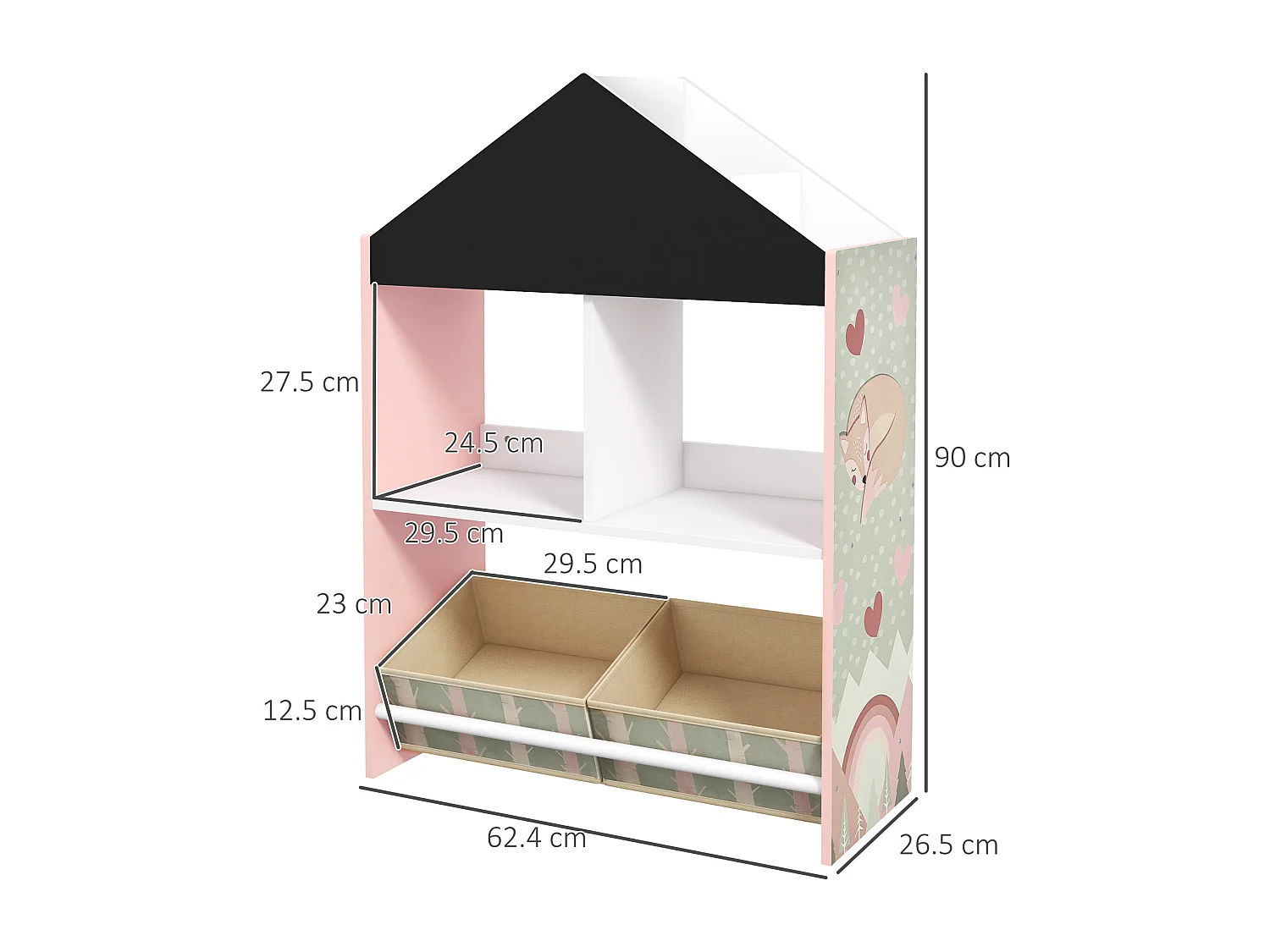 Scaffale portagiochi per bambini con ripiani e cassetti rosa