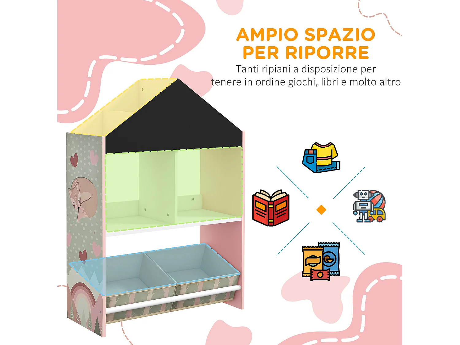 Scaffale portagiochi per bambini con ripiani e cassetti rosa