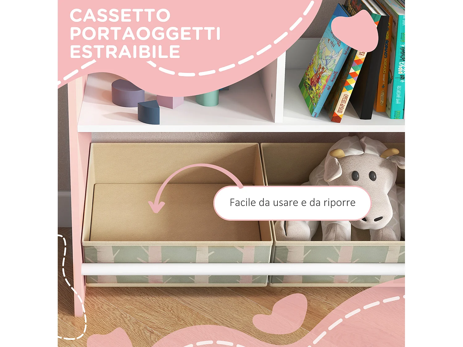 Scaffale portagiochi per bambini con ripiani e cassetti rosa