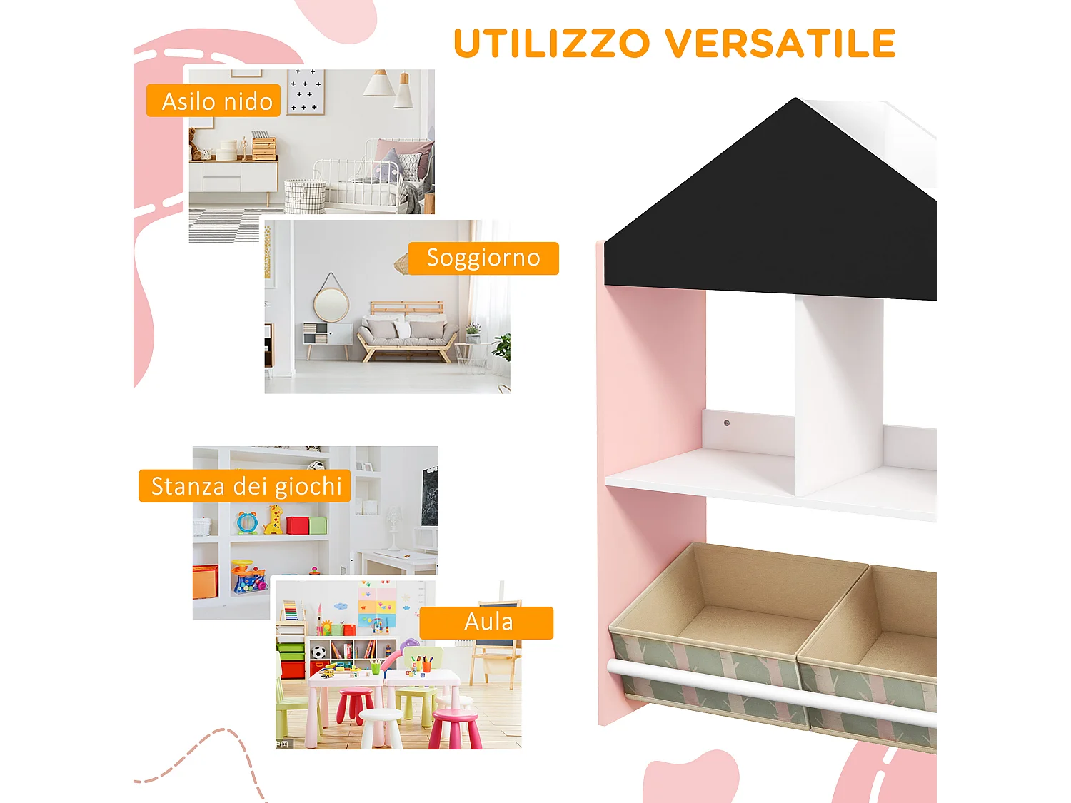 Scaffale portagiochi per bambini con ripiani e cassetti rosa
