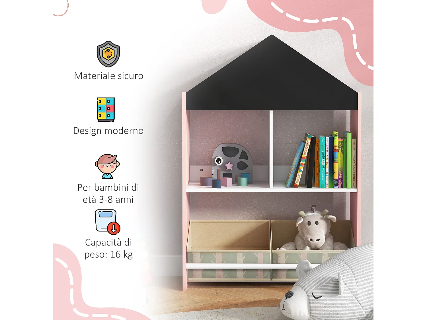 Scaffale portagiochi per bambini con ripiani e cassetti rosa