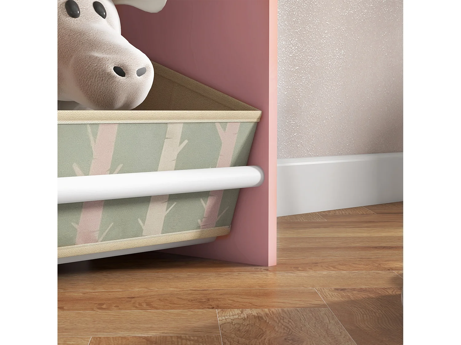 Scaffale portagiochi per bambini con ripiani e cassetti rosa